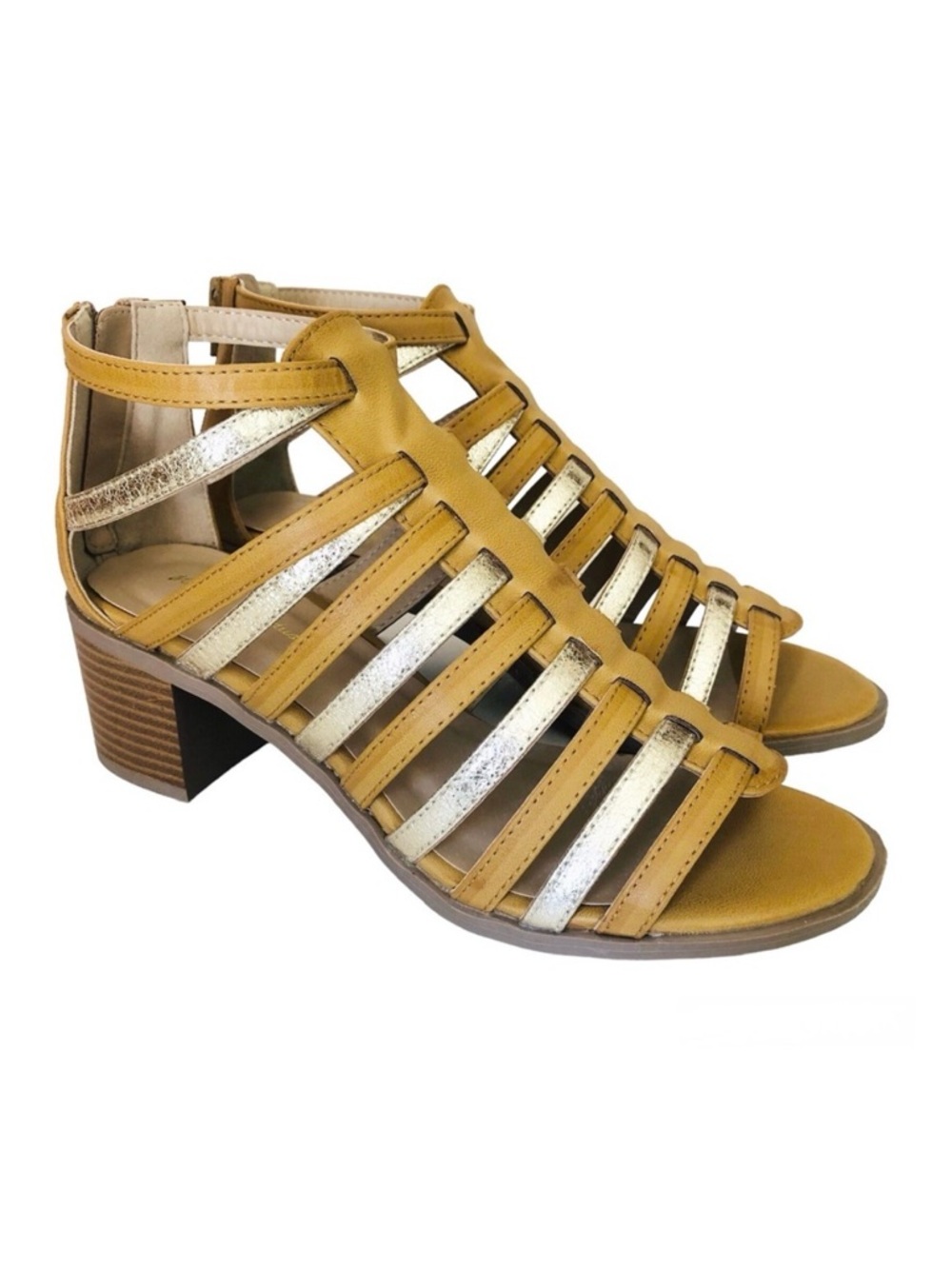 Mark & Maddux Tan Gold Strappy Caged Sandals Medium Block Heel Zipper Boho